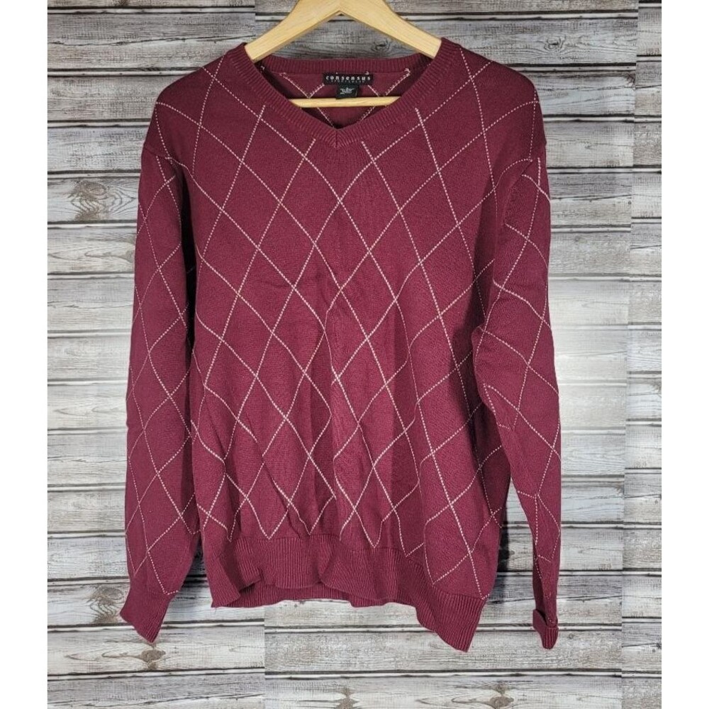 Vintage Consensus Sportswear Knit Burgundy Argyle Pattern Sweater Size L